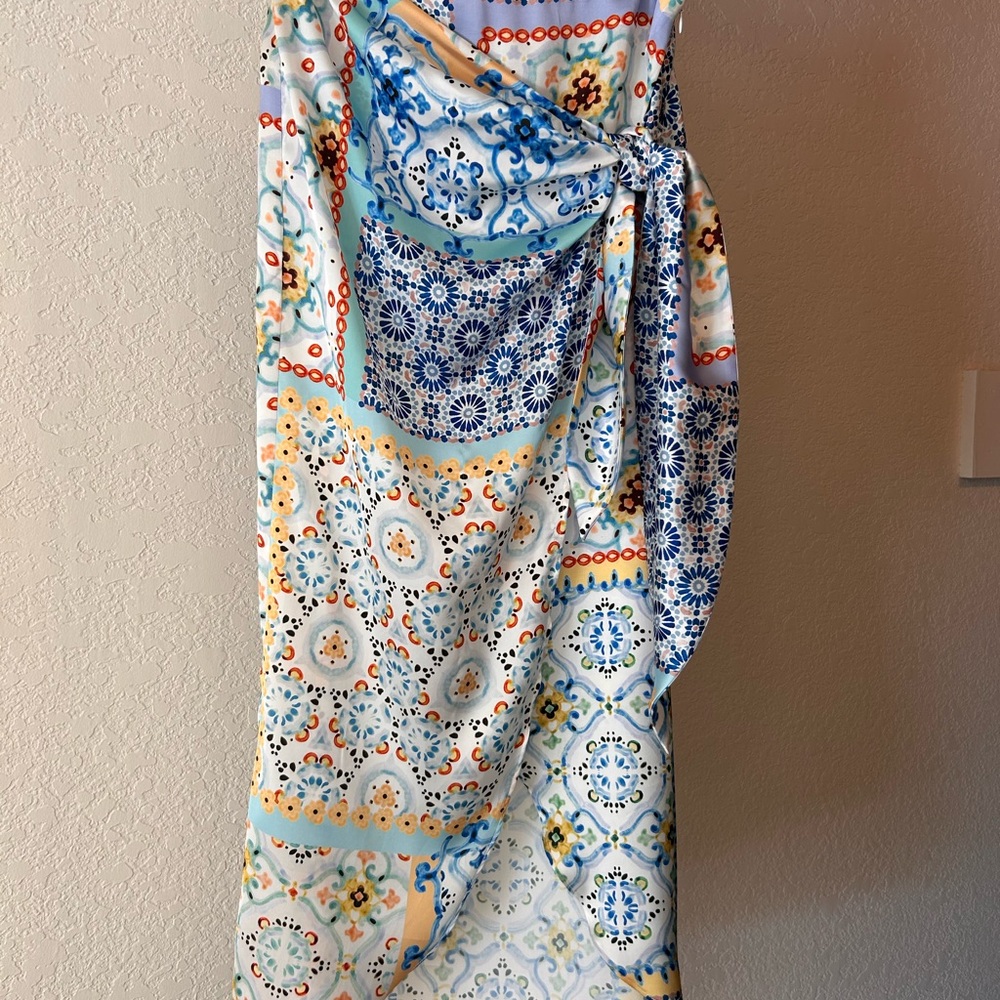 Zara Midi Wrap Skirt in Blue, White, Yellow, Orange Tile Print